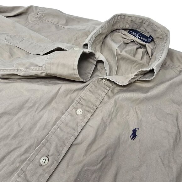 Ralph Lauren‎ Blake Cotton Button Down Shirt Large Men's Long Sleeve Tan Logo - Picture 1 of 6
